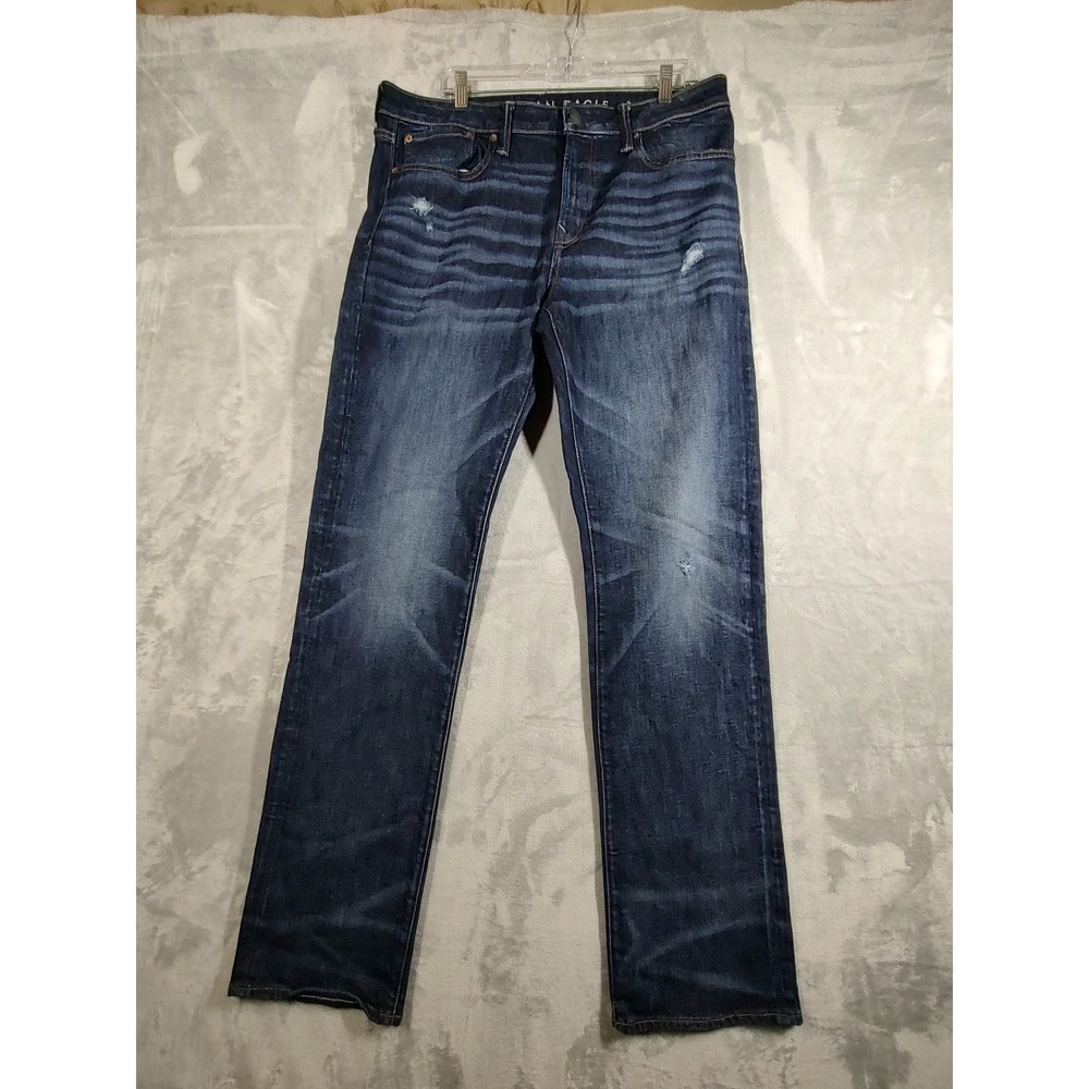 American Eagle Relaxed Straight Jeans Dark Wash Distressed Blue 34x36 Mens